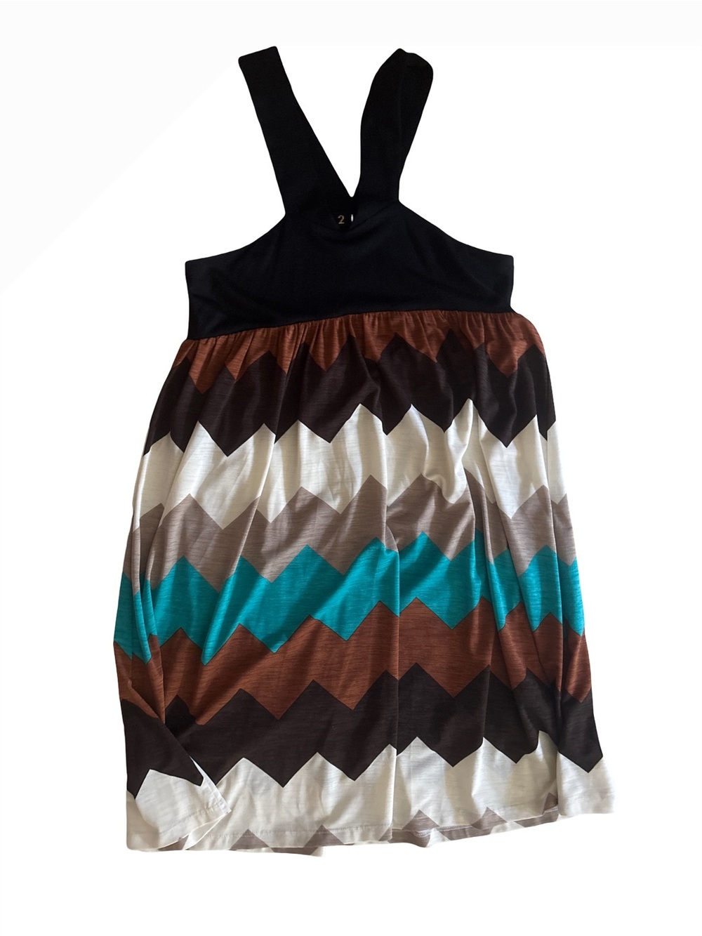 Sleeveless Chevron Mini Dress with Black Bodice and Teal Accent